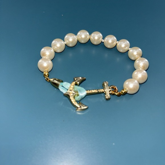 Kiel James Patrick KJP Anchor Atlantic Bracelet Faux Pearls Navy Gold Nautical - Picture 2 of 5